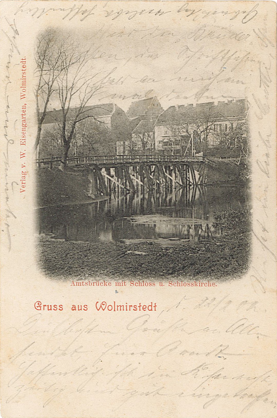 Postkarte "Gruss aus Wolmirstedt. Amtsbrücke mit Schloss u. Schlosskirche", 24.03.1902 (Museum Wolmirstedt RR-F)