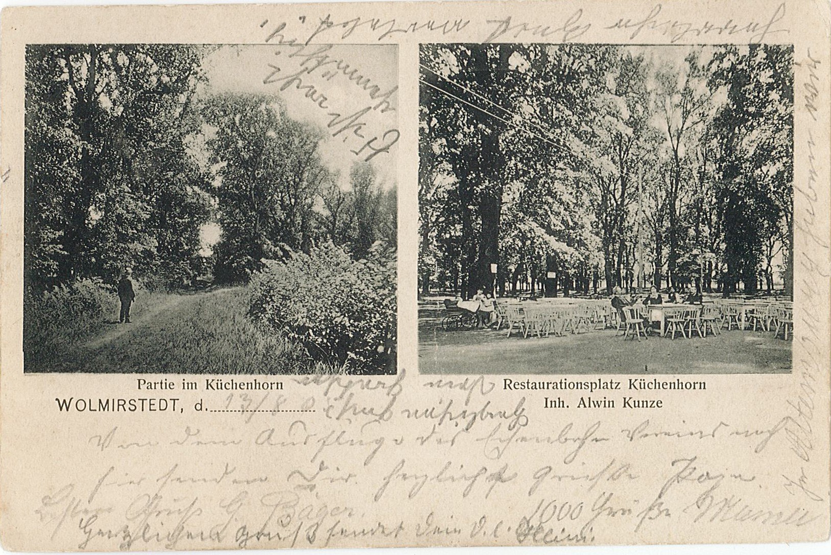 Postkarte "Gruss aus Wolmirstedt. Partie im Küchenhorn / Restaurationsplatz Küchenhorn", August 1905 (Museum Wolmirstedt RR-F)