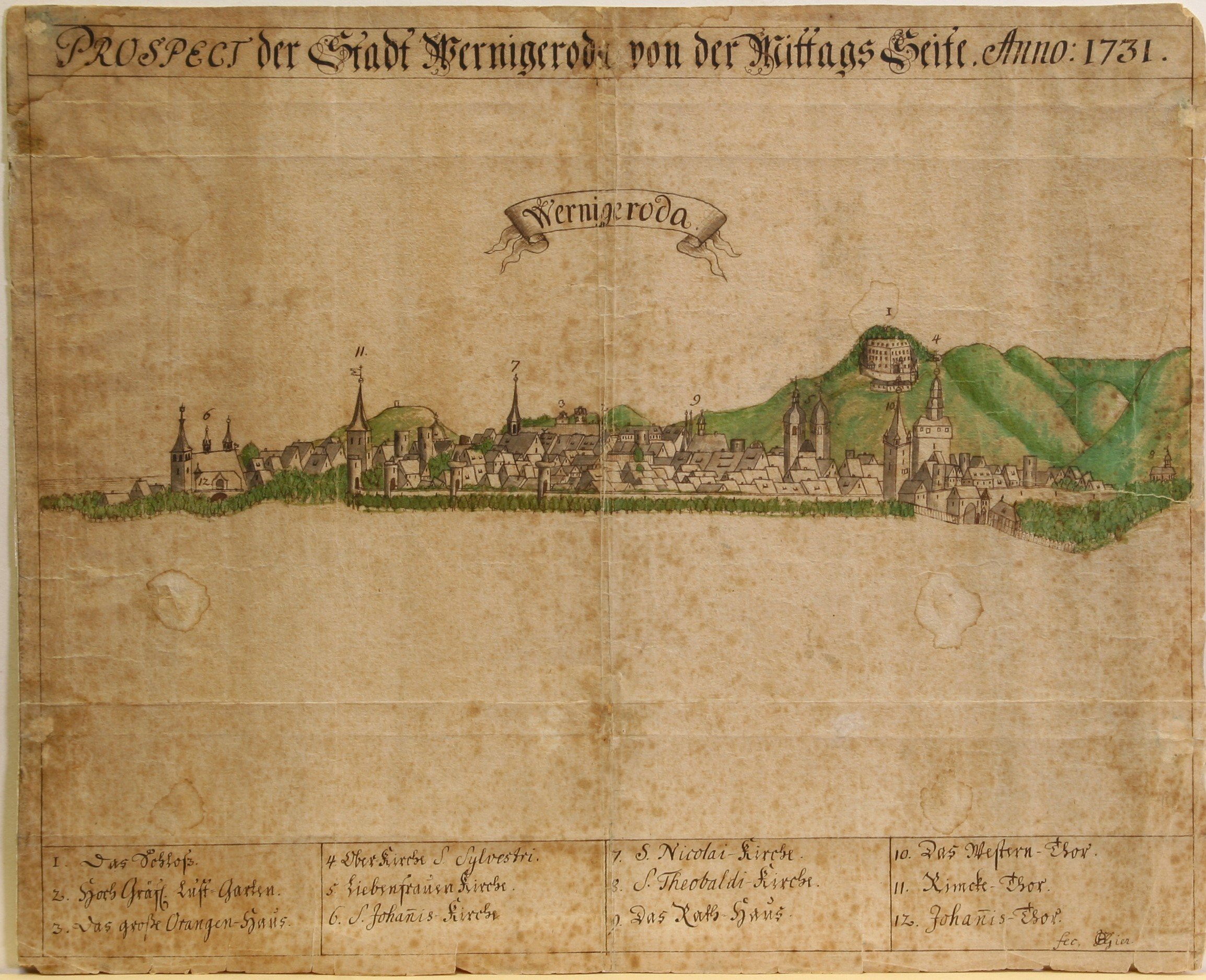 Prospect der Stadt Wernigerode von der Mittags-Seite. Anno: 1731 (Harzmuseum Wernigerode CC BY-NC-SA)