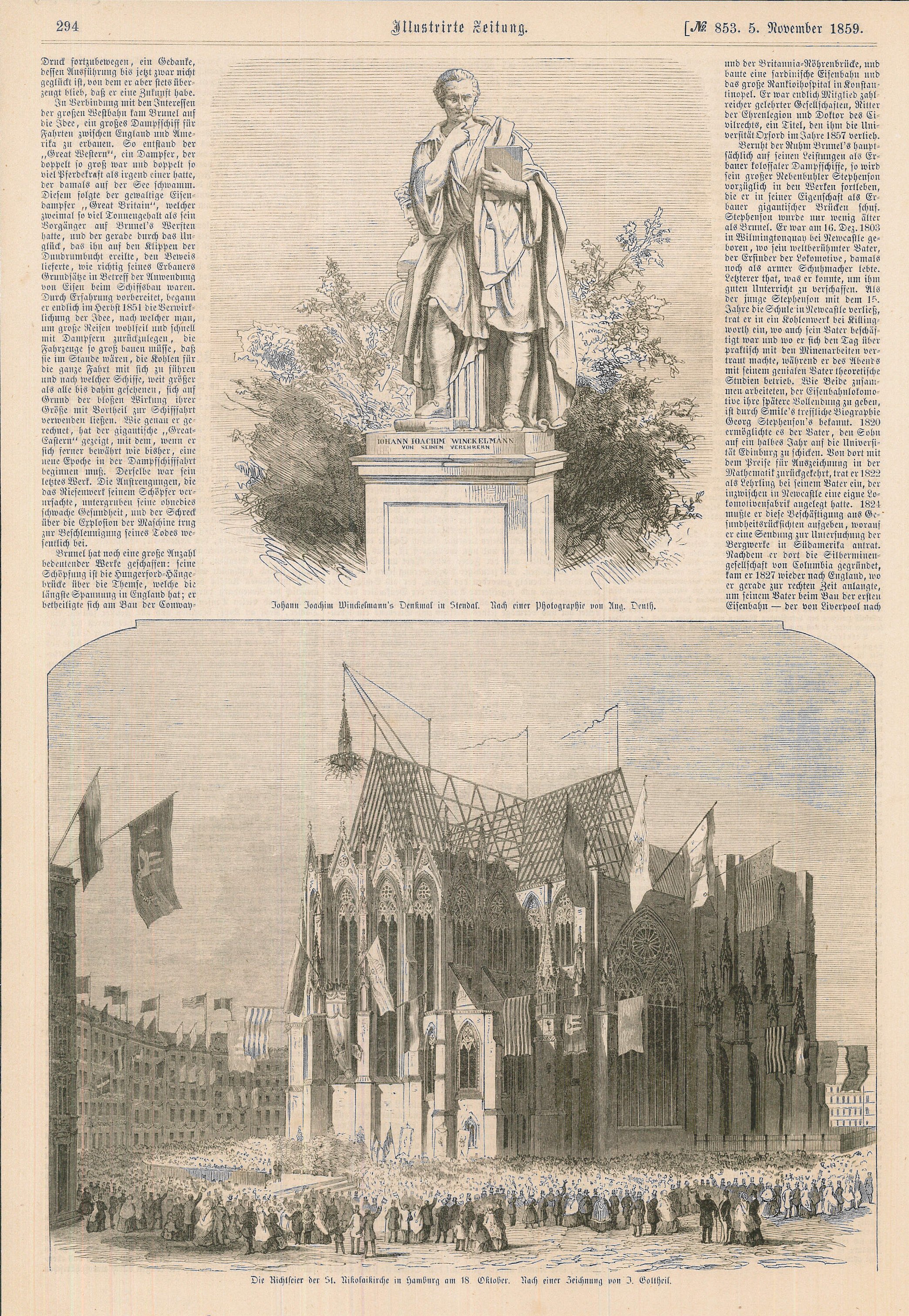 Johann Joachim Winckelmann's Denkmal in Stendal, in: Illusmierk Zeitung Nr. 853, vom 5. Nov. 1859, S. 294 (Winckelmann-Museum Stendal CC BY-NC-SA)