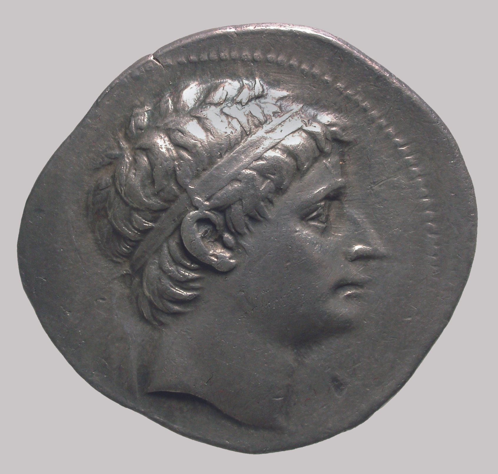 Tetradrachmon, VS: Kopf des Seleukos; RS: Apollon am Dreifuß (Winckelmann-Museum Stendal CC BY-NC-SA)