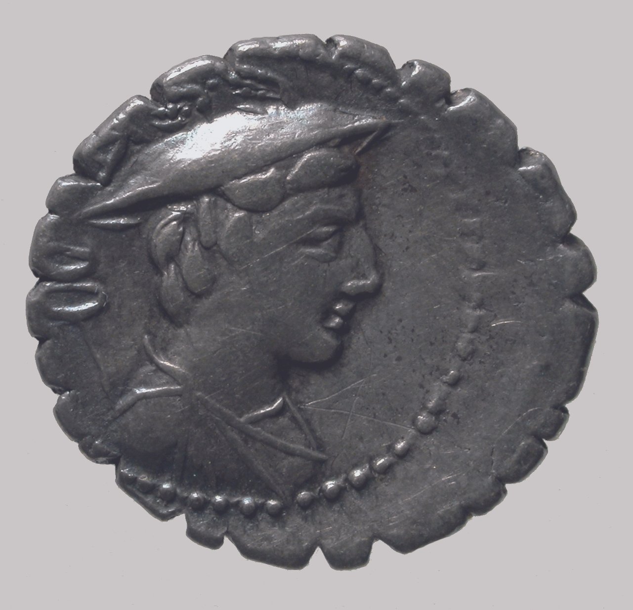 Denar, VS: Kopf des Hermes mit Petasos; RS: Odysseus von seinem Hund Argos begrüßt (Winckelmann-Museum Stendal CC BY-NC-SA)