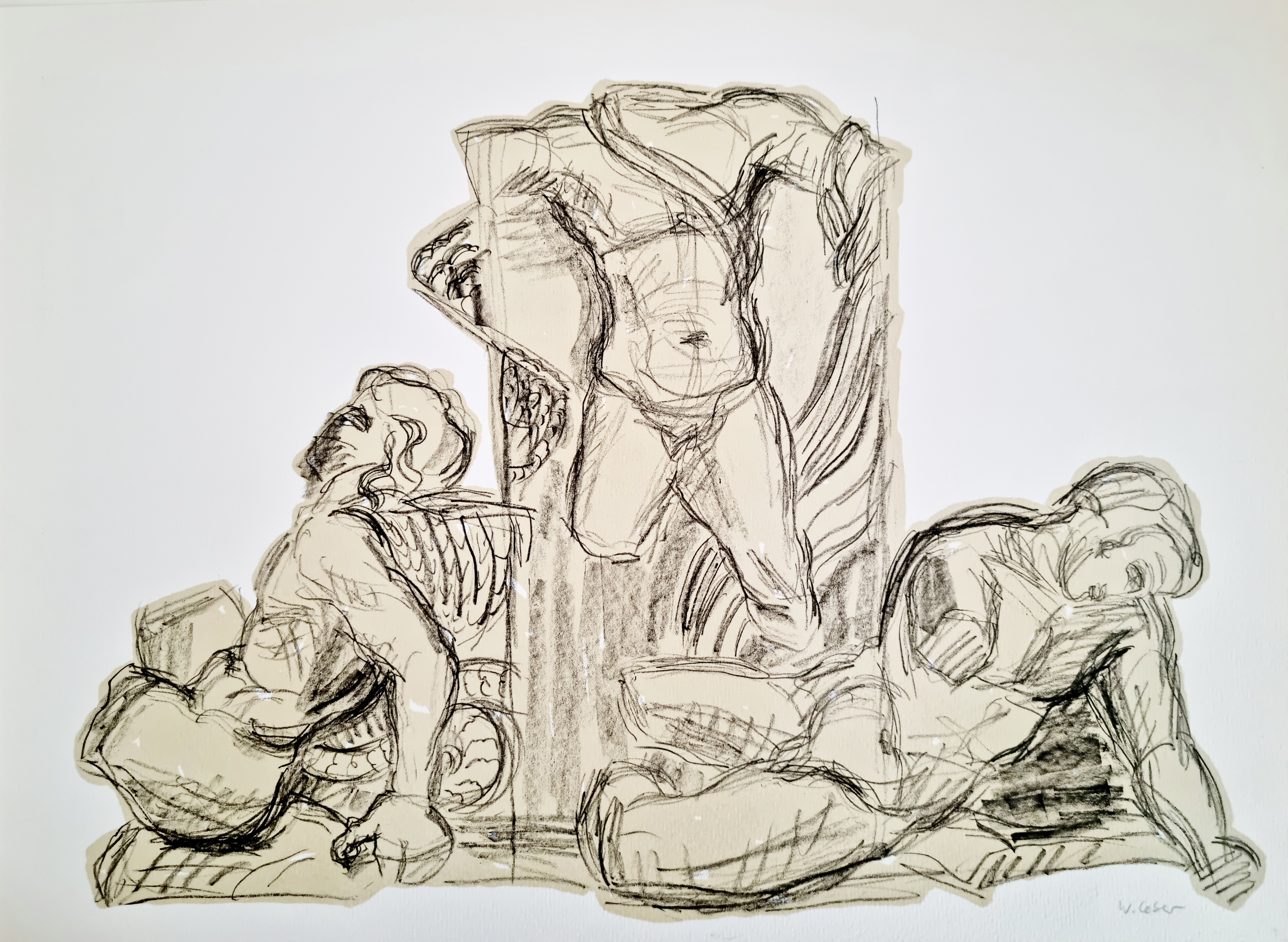 Zyklus zum Pergamonaltar: Apollon-Gruppe von Ostfries der Gigantomachie; Apollon und zwei am Boden liegende Giganten (Tityos und Ephialtes) (Winckelmann-Museum Stendal CC BY-NC-SA)