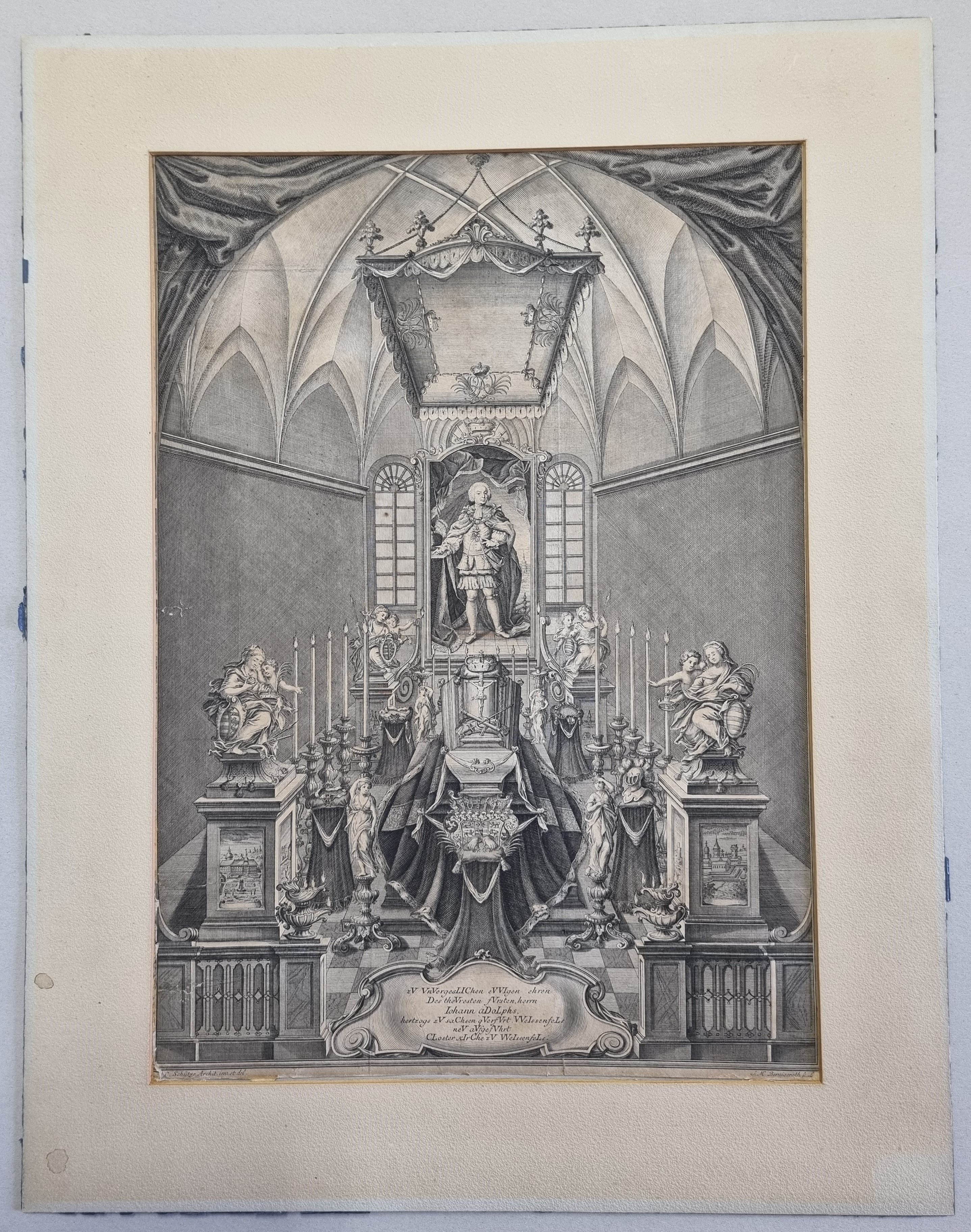 Aufbahrung Johann Adolph II. aus der Leichenpredigt 1746 (Museum Weißenfels - Schloss Neu-Augustusburg CC BY-NC-SA)