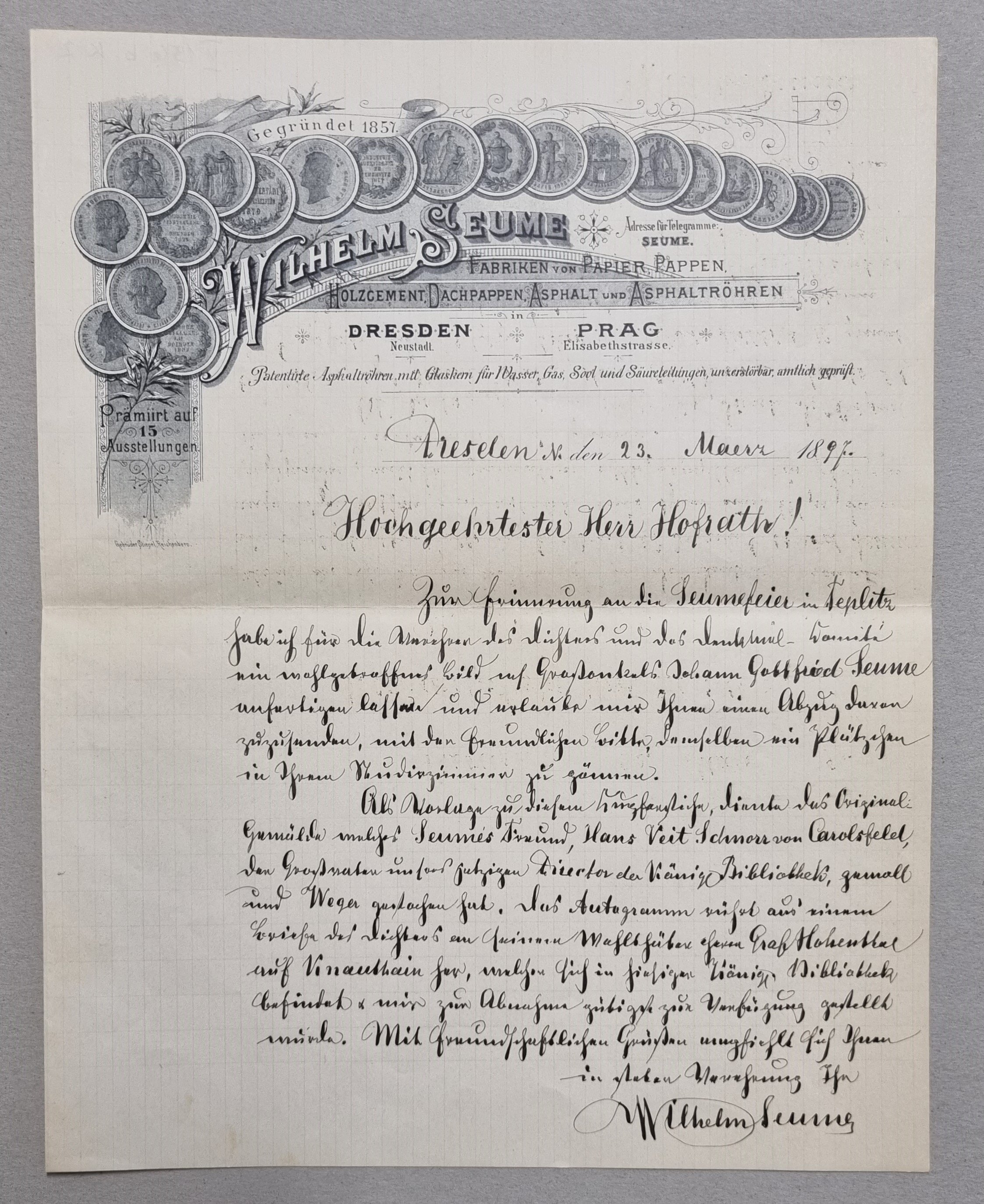 Brief von Wilhelm Seume an Herrn Hofrat 23.03.1897 (Museum Weißenfels - Schloss Neu-Augustusburg CC BY-NC-SA)