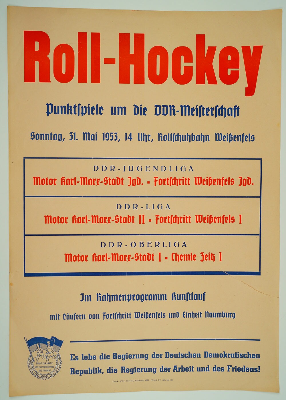 Veranstaltungsplakat für ein Punktspiel, Roll-Hockey, 1953 (Museum Weißenfels CC BY-NC-SA)