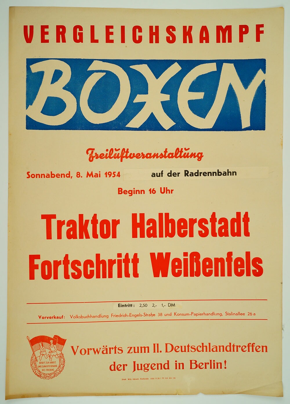 Veranstaltungsplakat Vergleichskampf Boxen, 1954 (Museum Weißenfels CC BY-NC-SA)