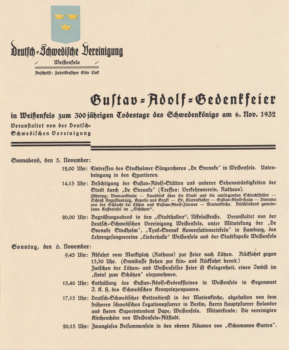 Veranstaltungsprogramm zum 300 jährigen Todestag Gustav II. Adolph, 1932 (Museum Weißenfels CC BY-NC-SA)