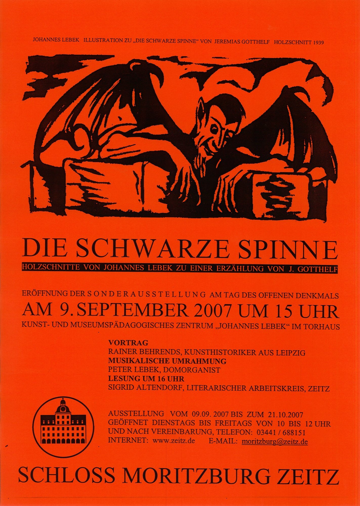 Ausstellungsplakat "Die Schwarze Spinne. Holzschnitte von Johannes Lebek zu einer Erzählung von J. Gotthelf" (Museum Schloss Moritzburg Zeitz RR-R)