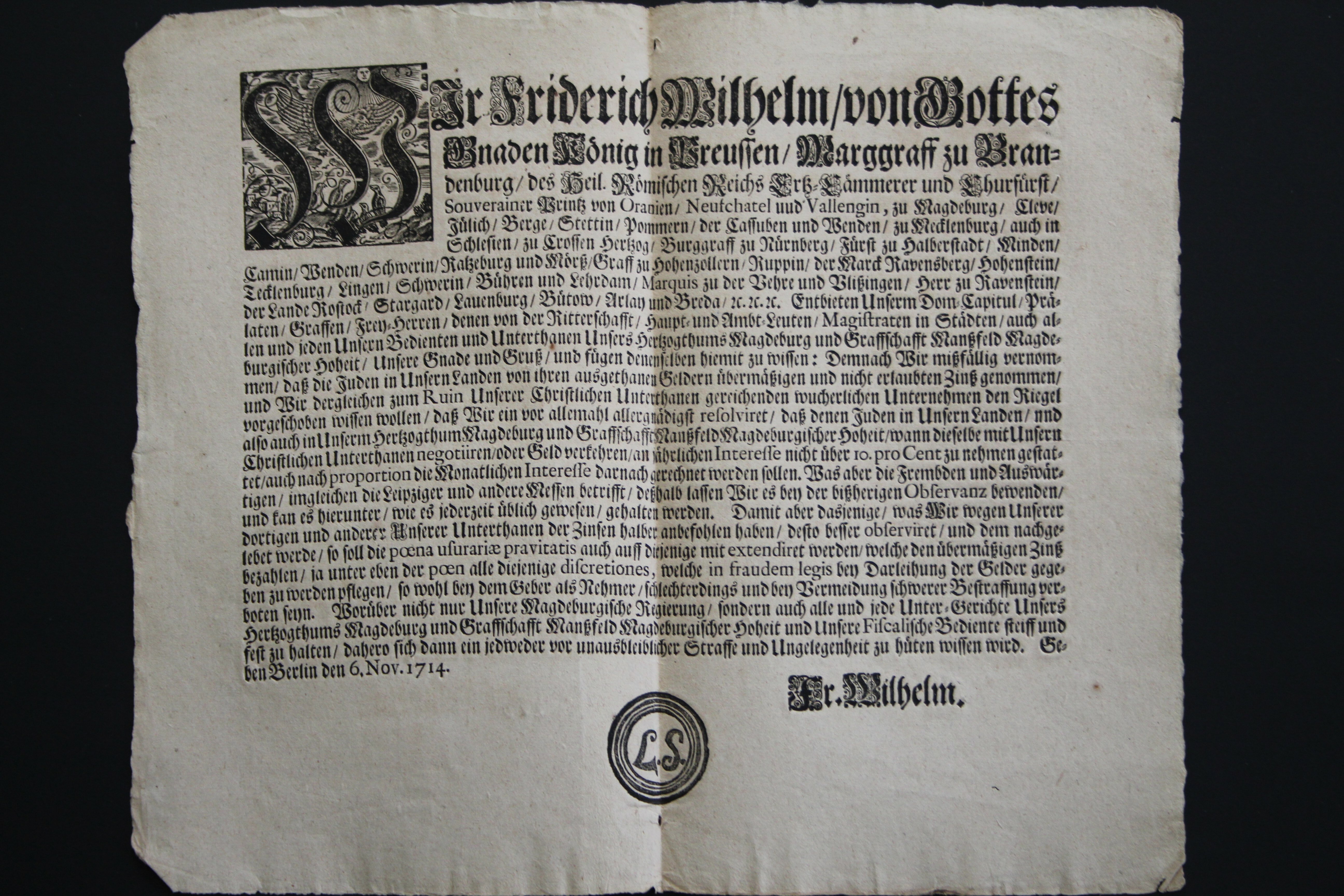 Bekanntmachung über die Beschränkung jüdischer Geldverleiher (Prignitz-Museum CC BY-NC-SA)