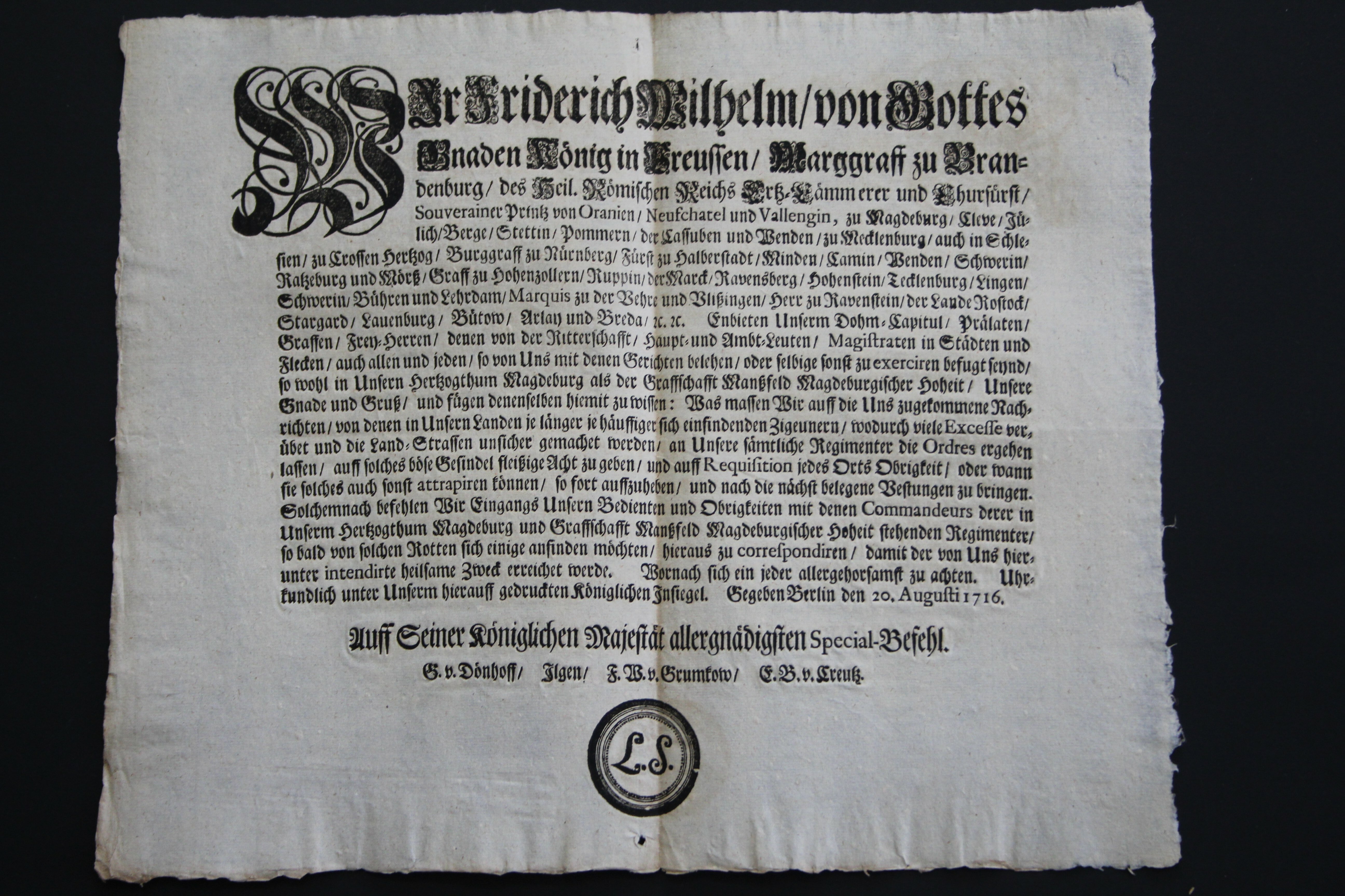 Sofortiger Haftbefehl für [Zigeuner] 1716 (Prignitz-Museum CC BY-NC-SA)