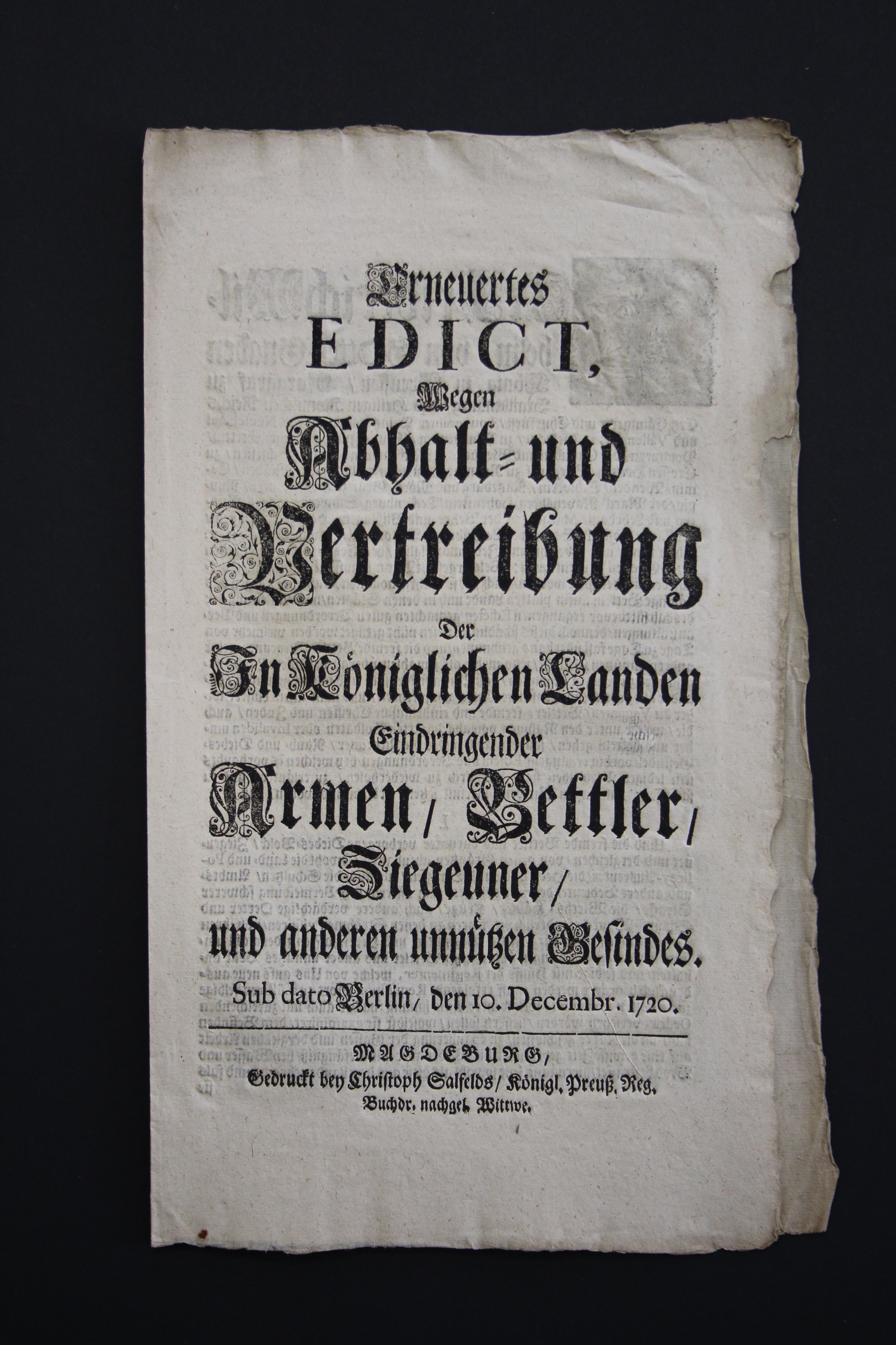 Erneuertes Edikt zum Umgang mit [Zigeunern], Armen, Bettlern 1720 (Prignitz-Museum CC BY-NC-SA)