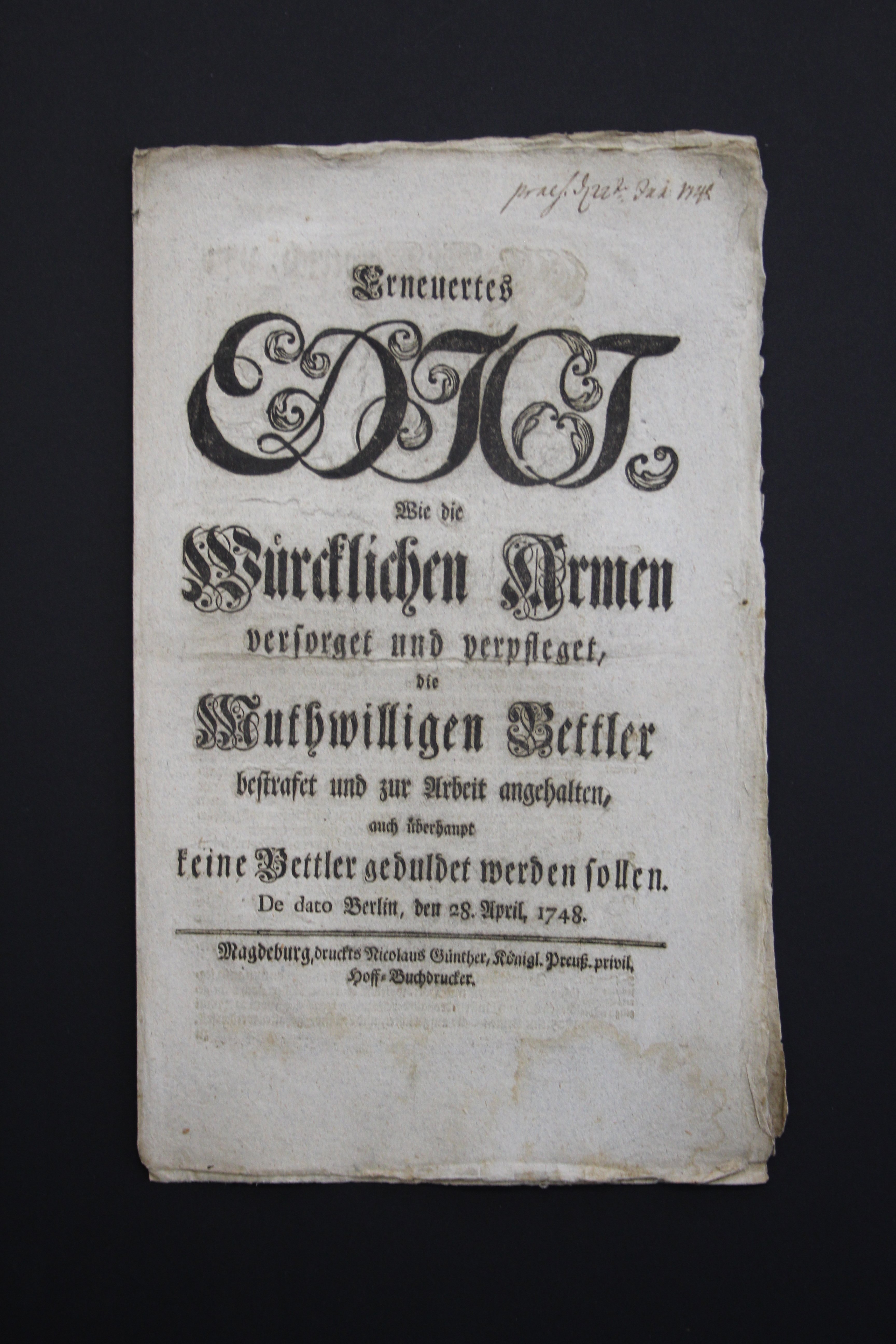 Erneuertes Edikt zum Umgang mit Armen und Bettlern 1748 (Prignitz-Museum CC BY-NC-SA)