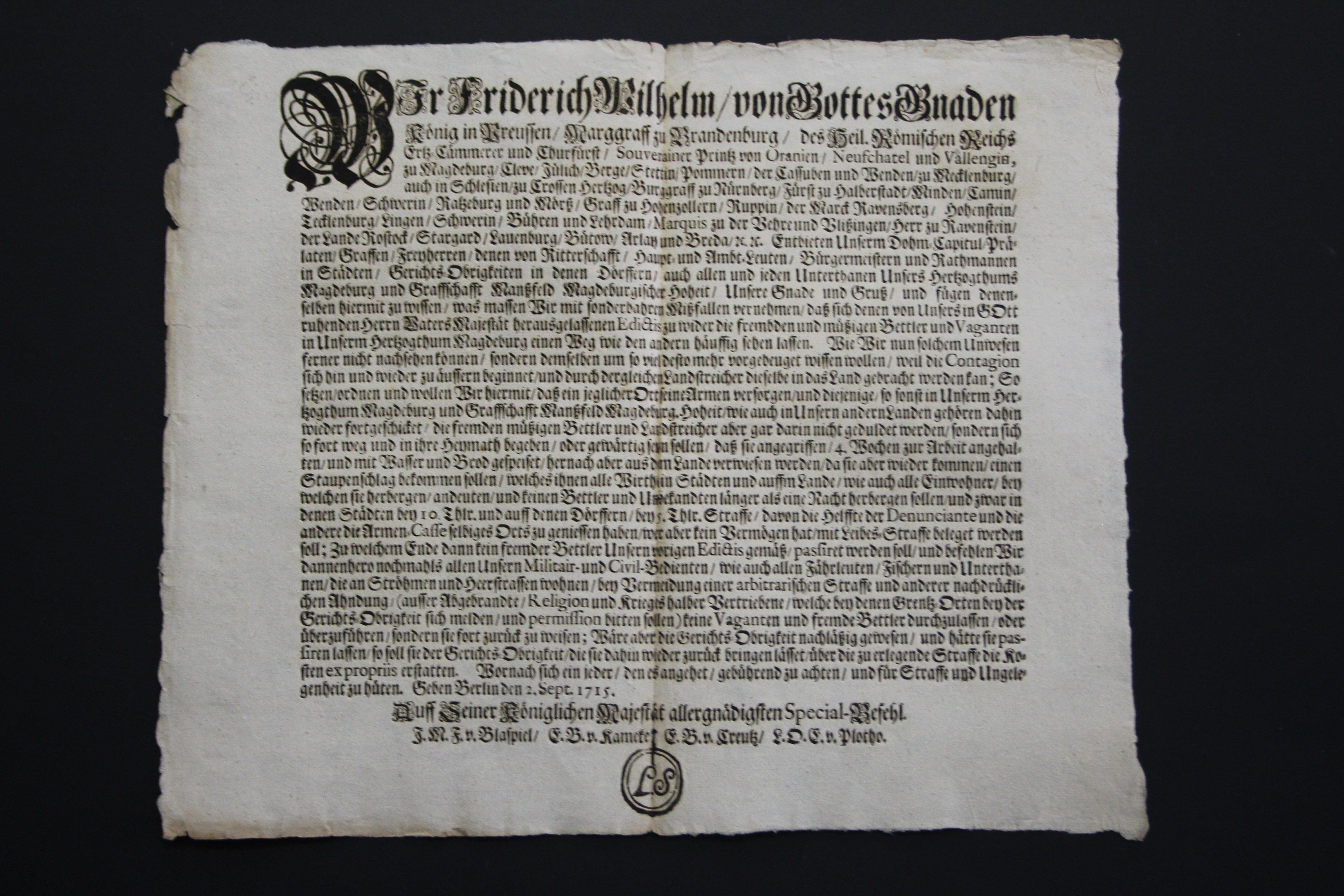 Erneuertes Edikt zum Umgang mit Armen und Bettlern 1715 (Prignitz-Museum CC BY-NC-SA)