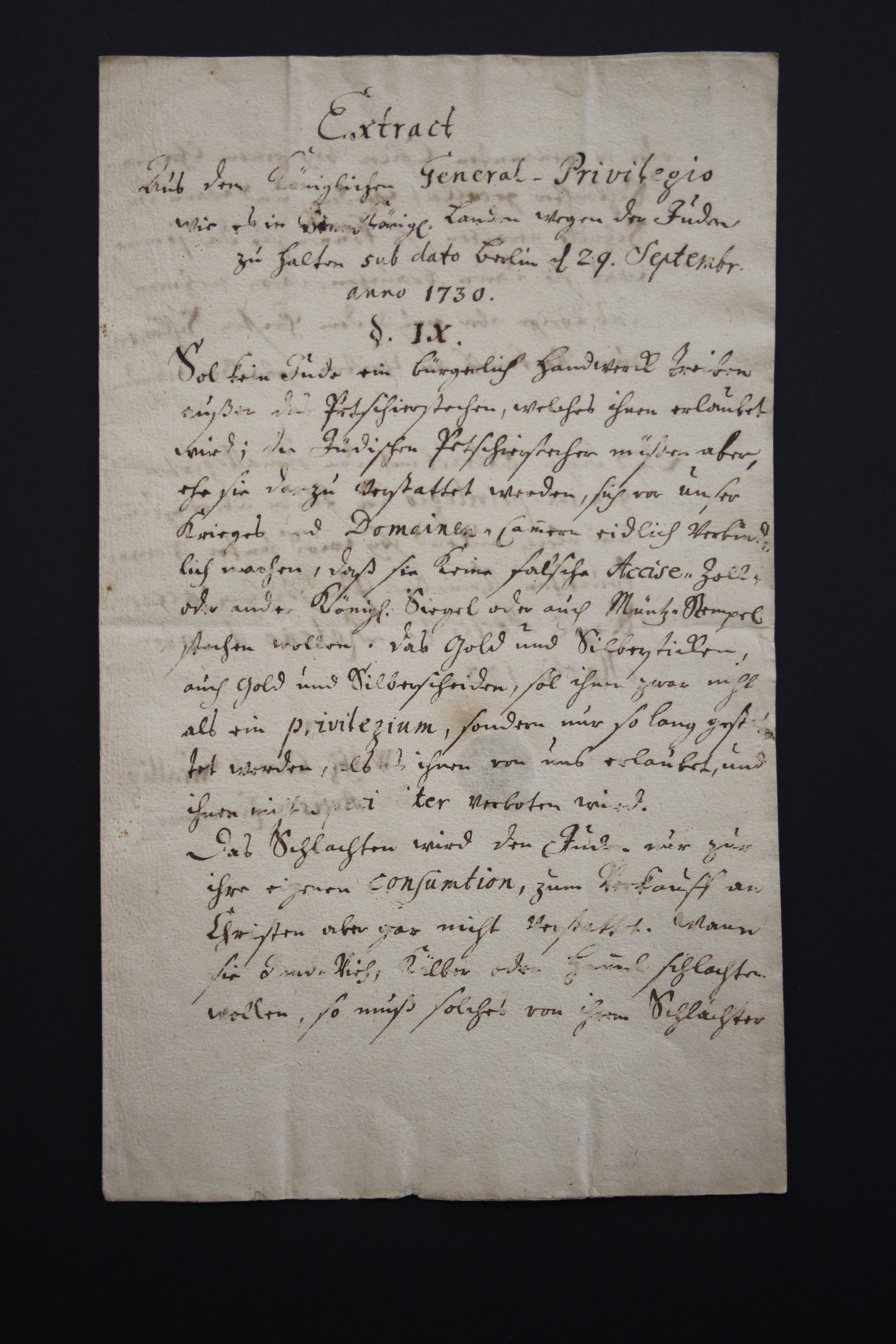 Extract über den Umgang mit Juden 1730 (Prignitz-Museum CC BY-NC-SA)