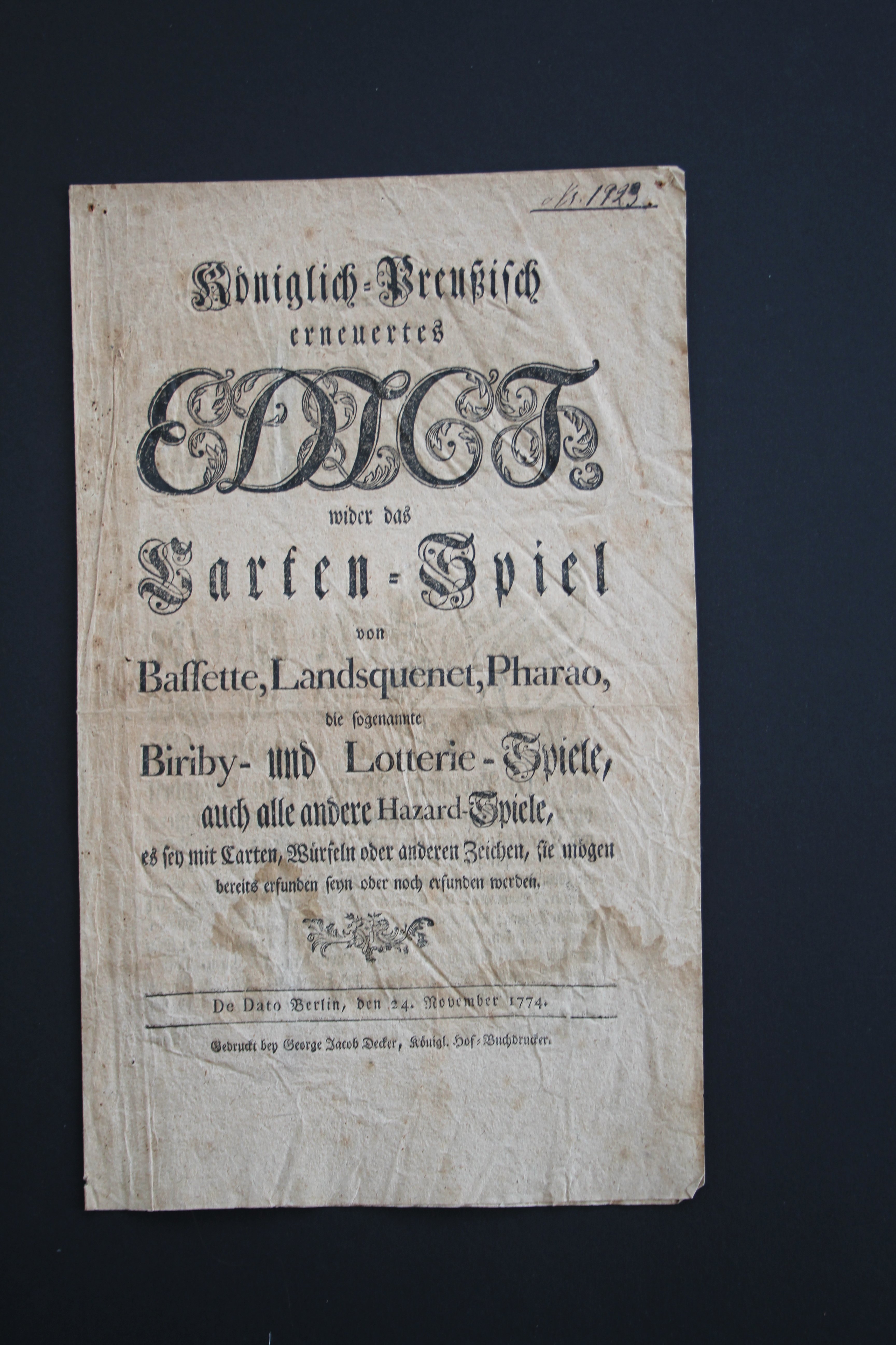 Folgeedikt Karten- und Lotteriespiele 1774 (Prignitz-Museum CC BY-NC-SA)