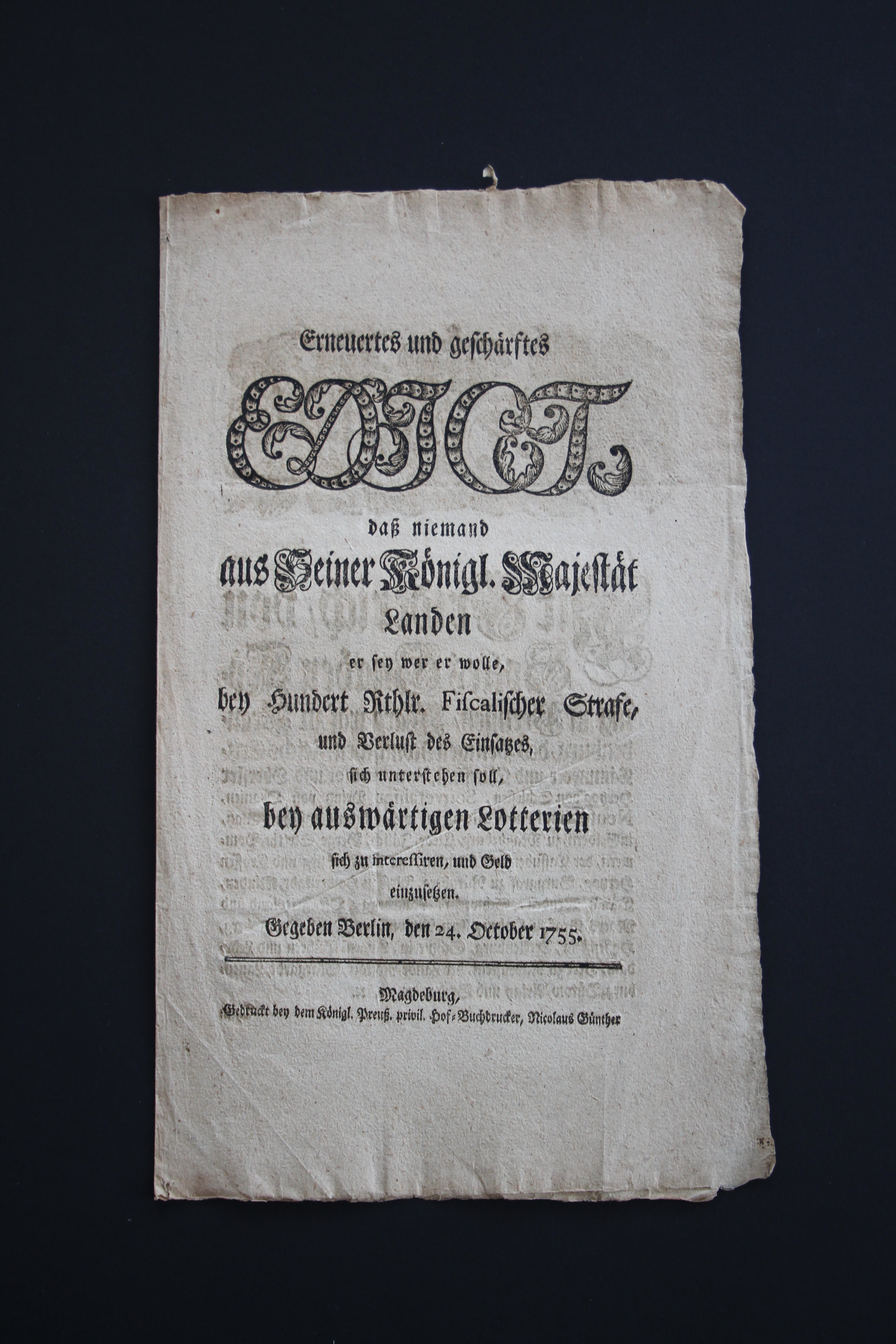 Edikt gegen den Einsatz bei auswärtigen Lotterien 1755 (Prignitz-Museum CC BY-NC-SA)