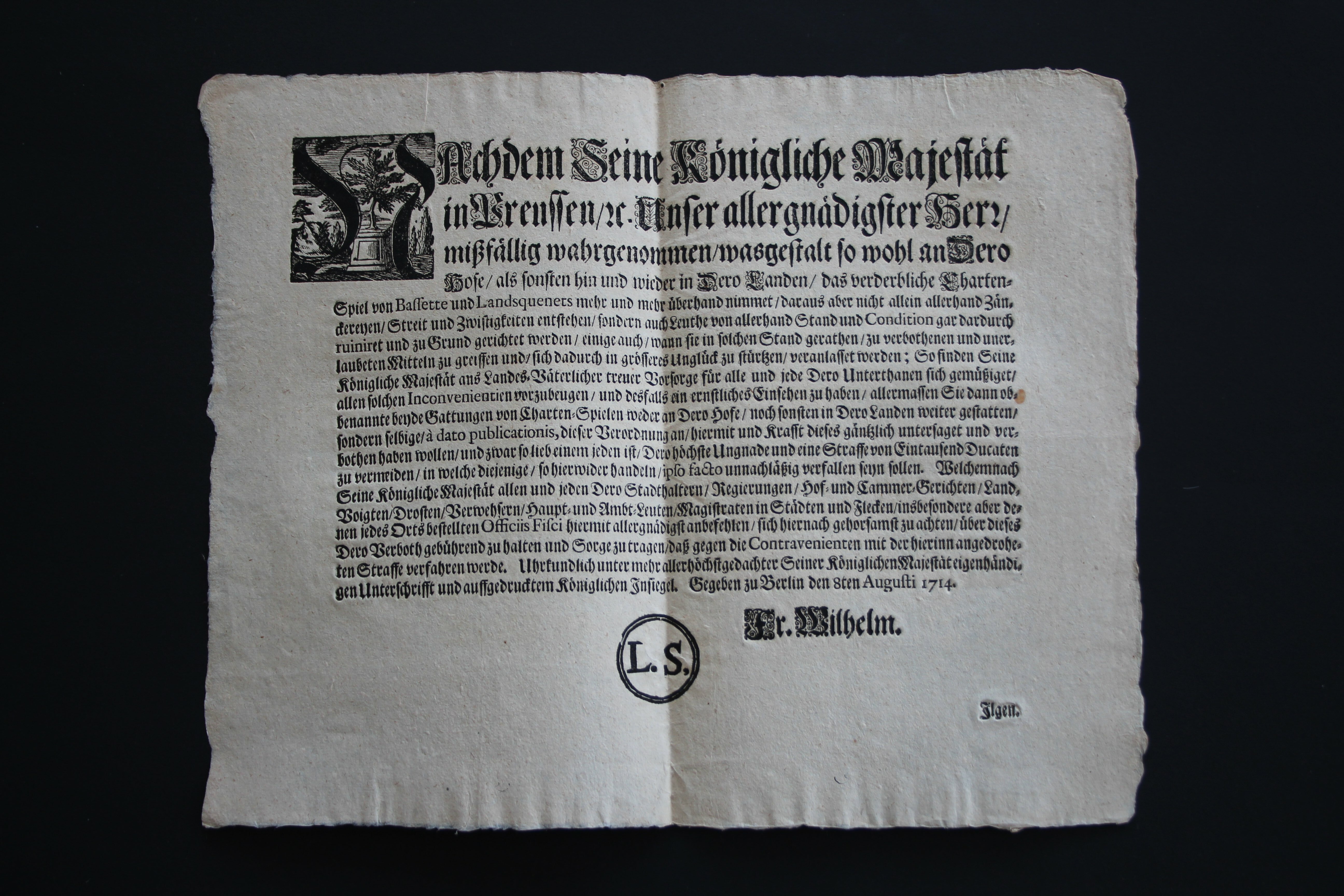 Edikt Verbot Kartenspiele 1714 (Prignitz-Museum CC BY-NC-SA)