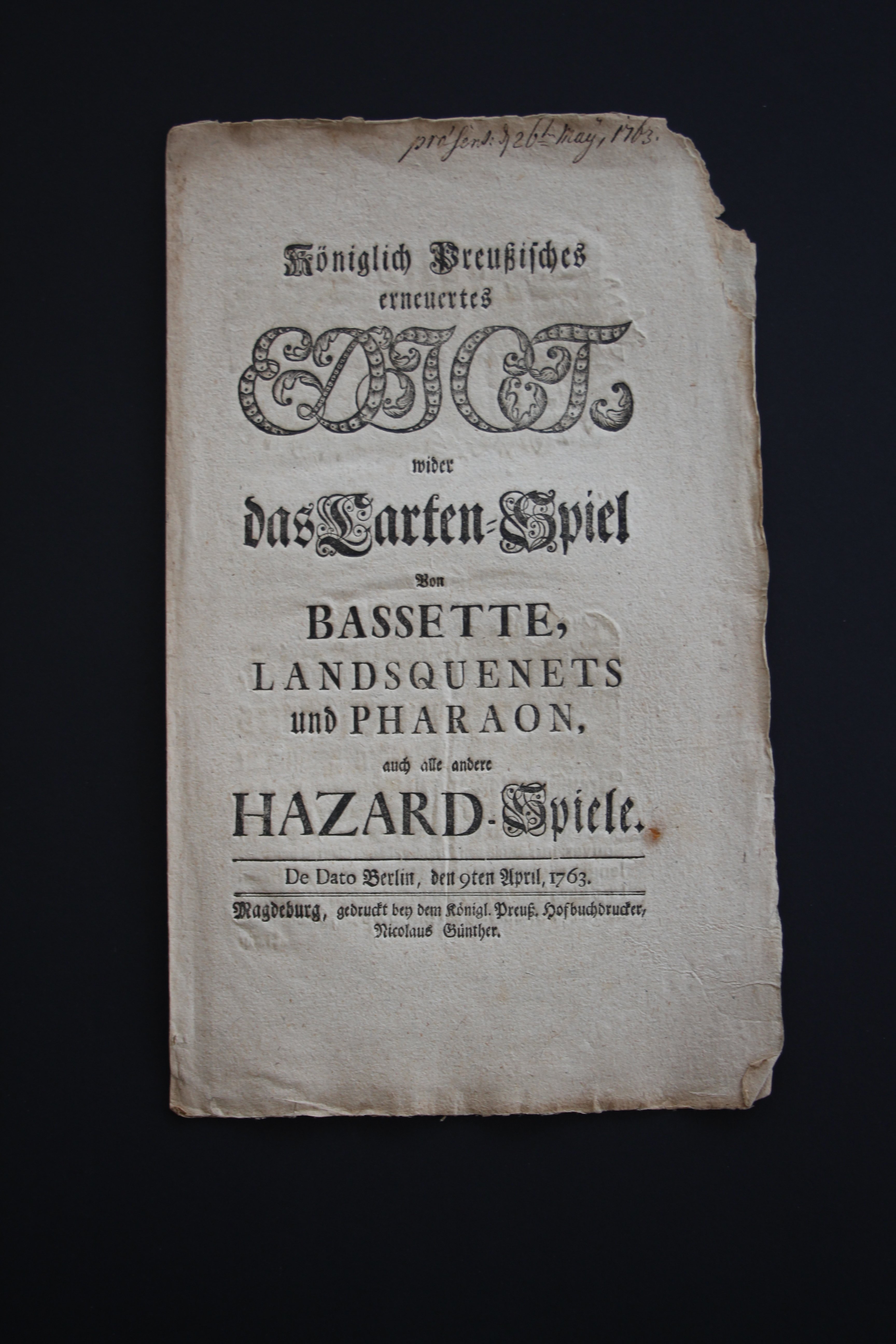 Erneuertes Edikt gegen das Kartenspiel 1763 (Prignitz-Museum CC BY-NC-SA)