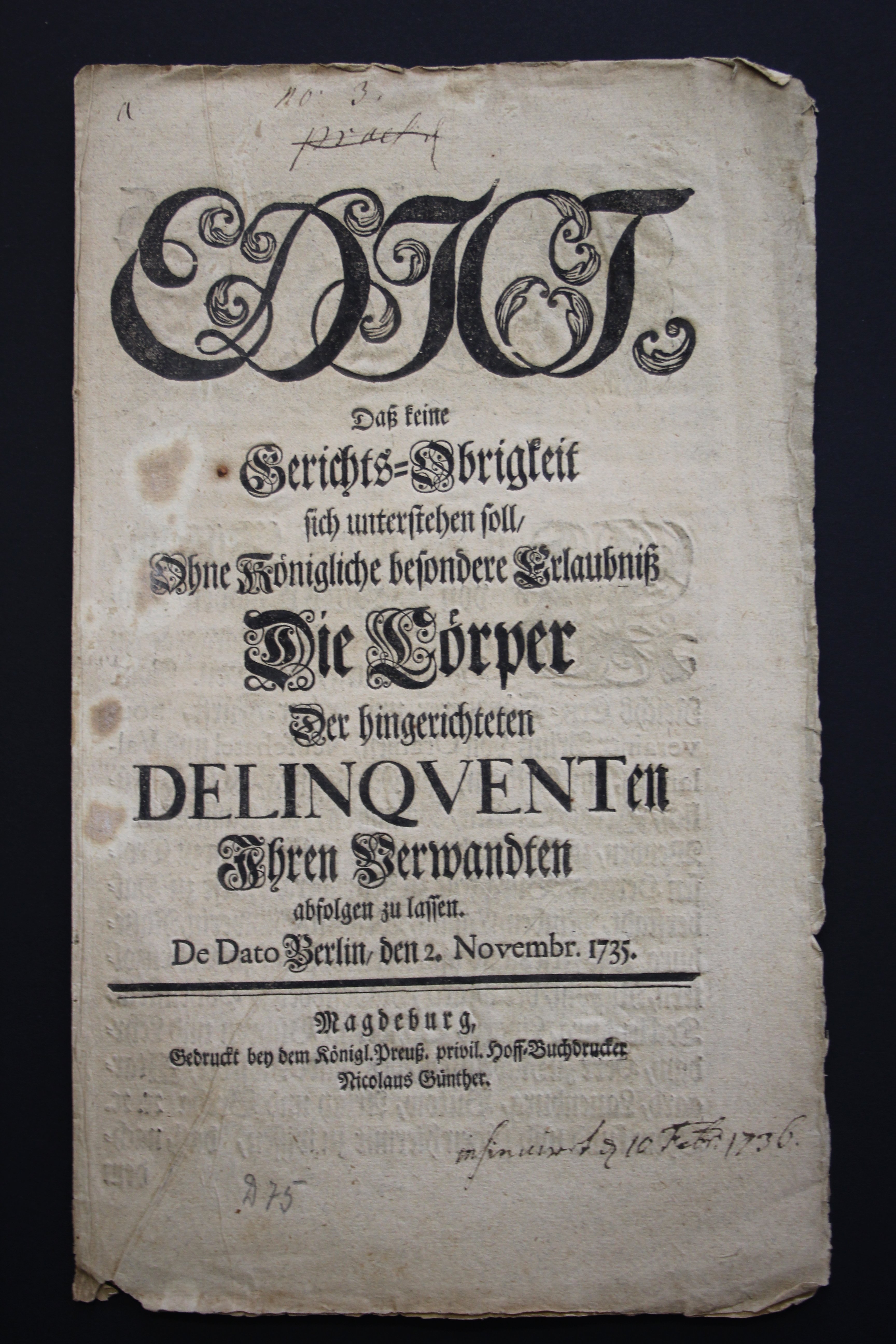 Edikt über das Verfahren mit toten Verbrechern 1735 (Prignitz-Museum CC BY-NC-SA)