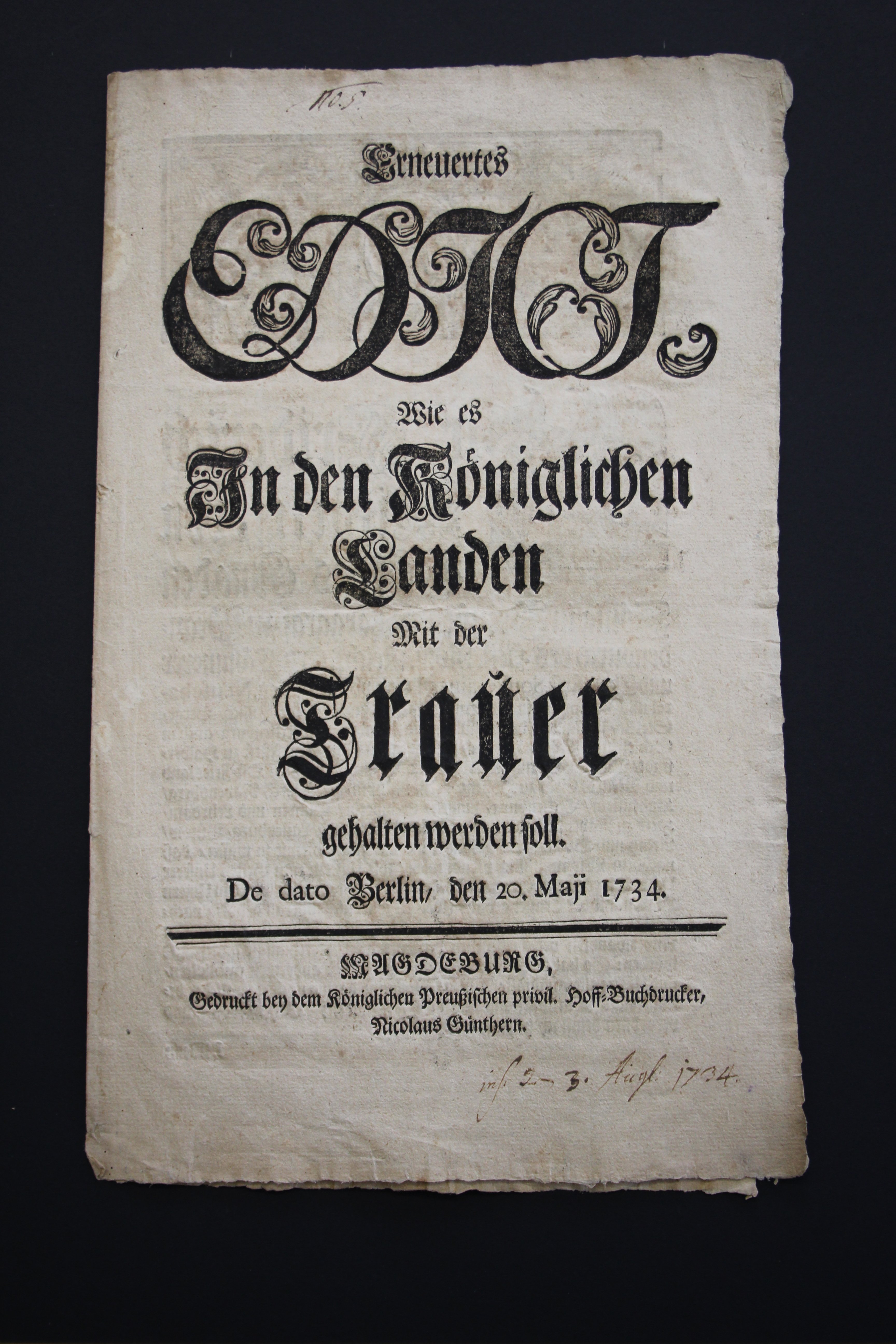 Erneuertes Edikt zum Umgang mit der Trauer 1734 (Prignitz-Museum CC BY-NC-SA)
