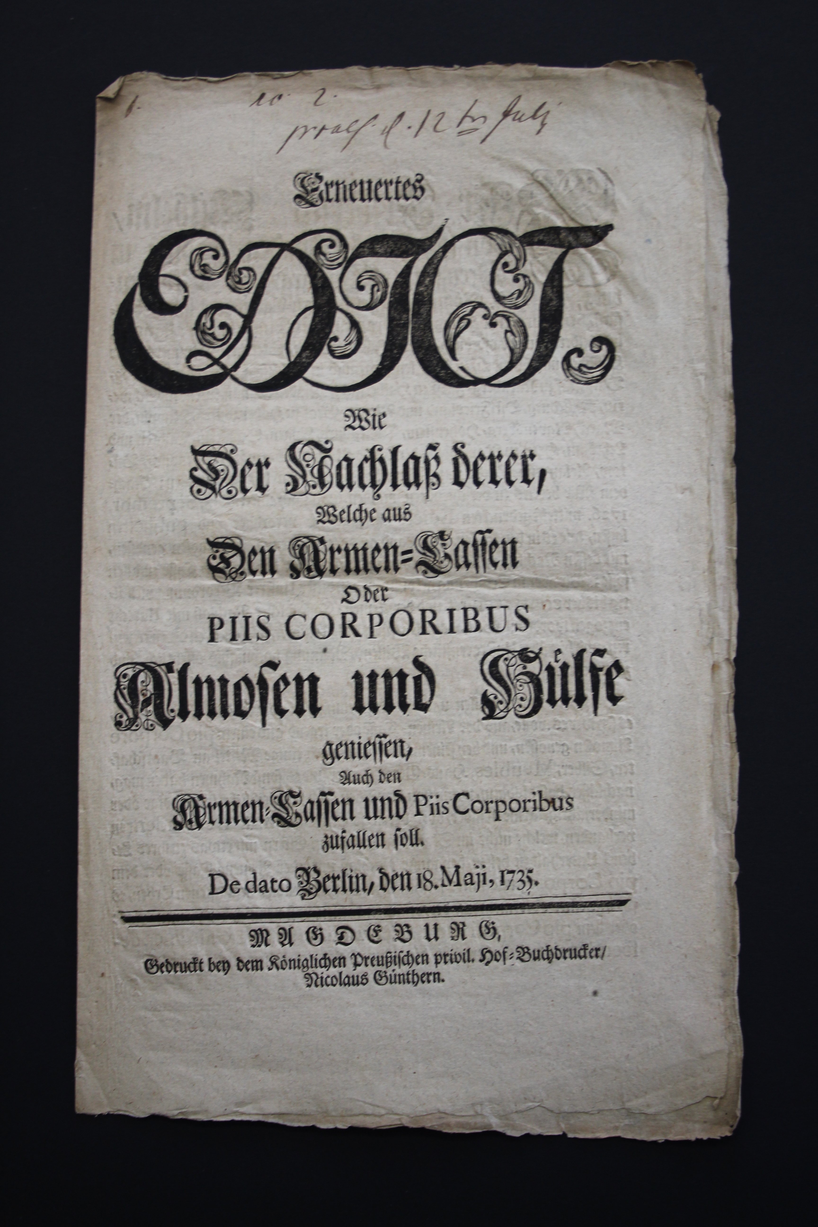 Erneuertes Edikt Nachlass 1735 (Prignitz-Museum CC BY-NC-SA)