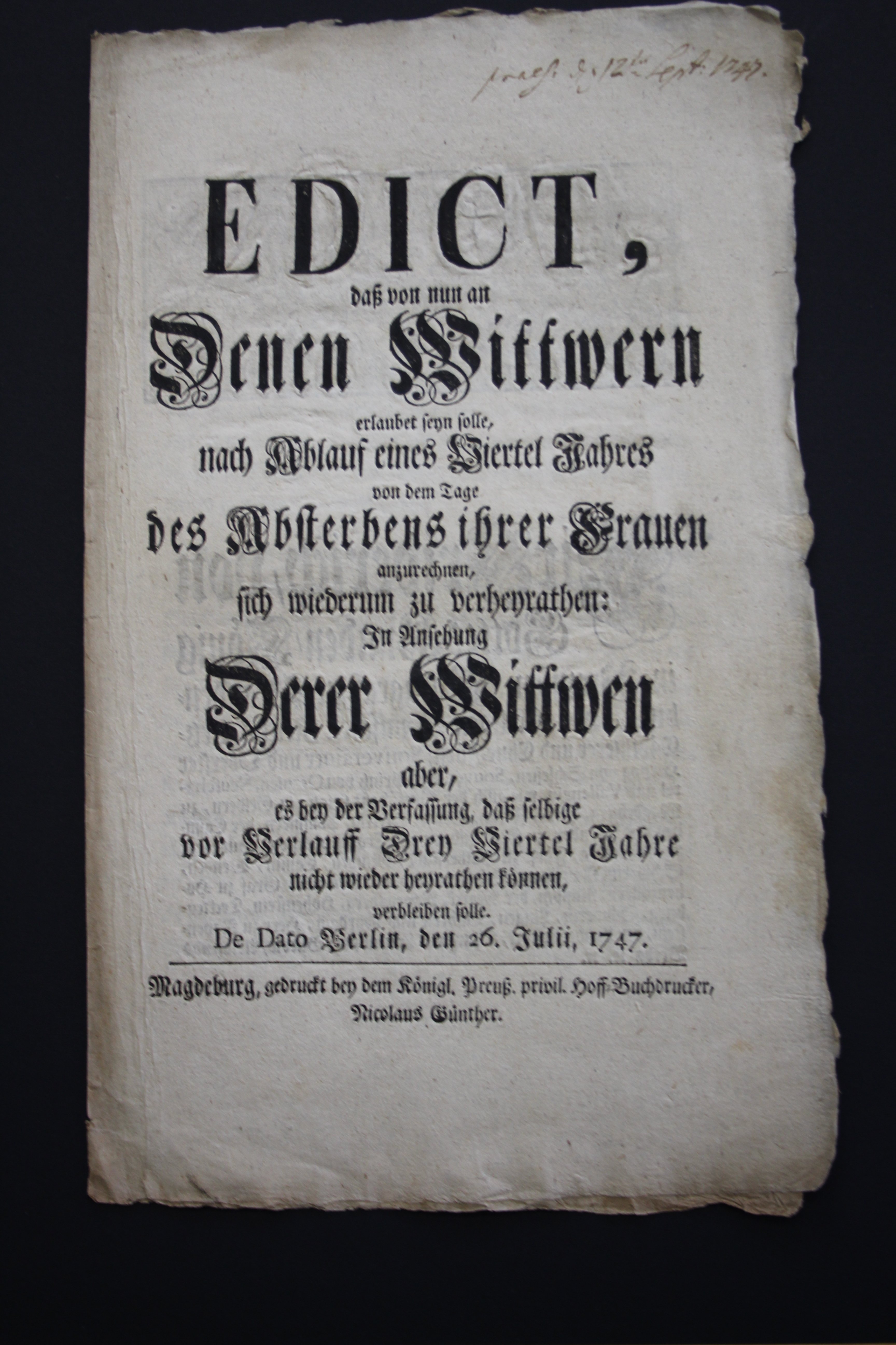 Edikt über die Heirat von Witwern (Prignitz-Museum CC BY-NC-SA)