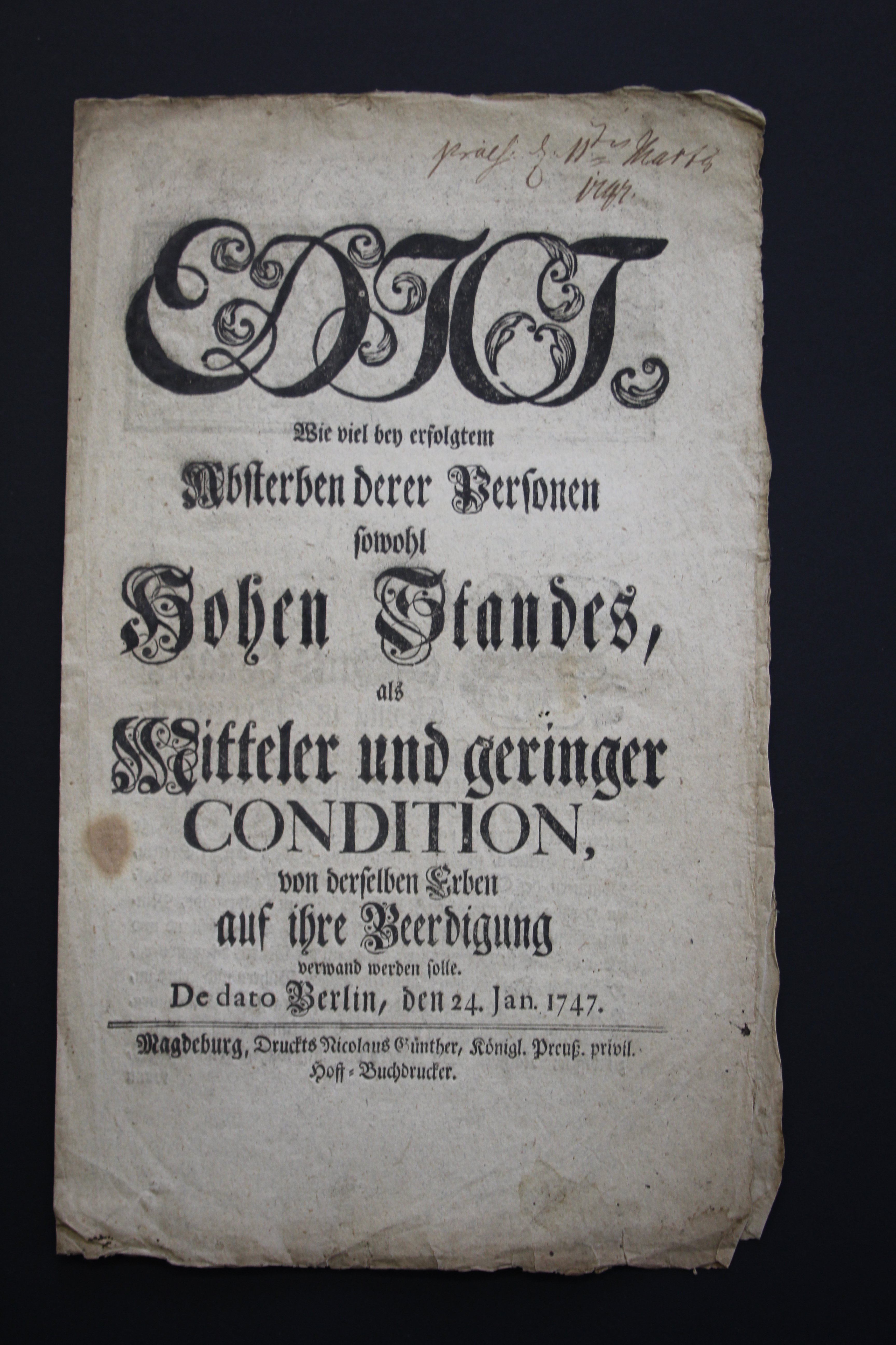 Edikt Begräbnis 1747 (Prignitz-Museum CC BY-NC-SA)