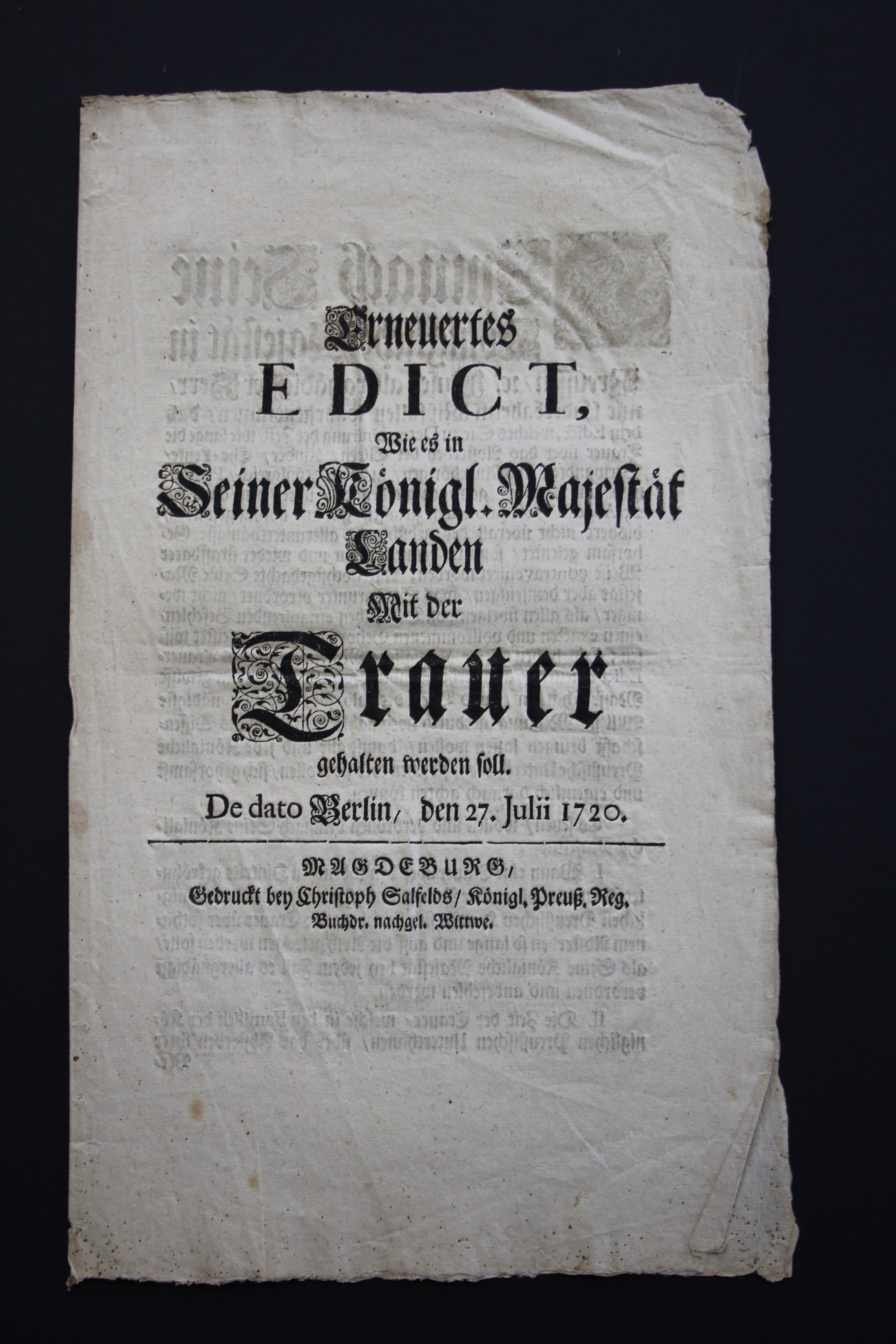Erneuertes Edikt zum Umgang mit der Trauer 1720 (Prignitz-Museum CC BY-NC-SA)