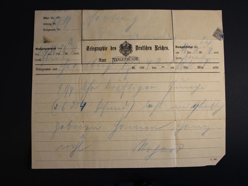 Telegramm und Geburtsanzeige von Carl Hartwich (Prignitz-Museum CC BY-NC-SA)