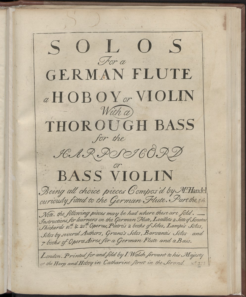 Solos for a German flute a hoboy or violin with a thorough bass for the harpsicord or bass violin, Abbildung 1 (Stiftung Händel-Haus Halle CC BY-NC-SA)
