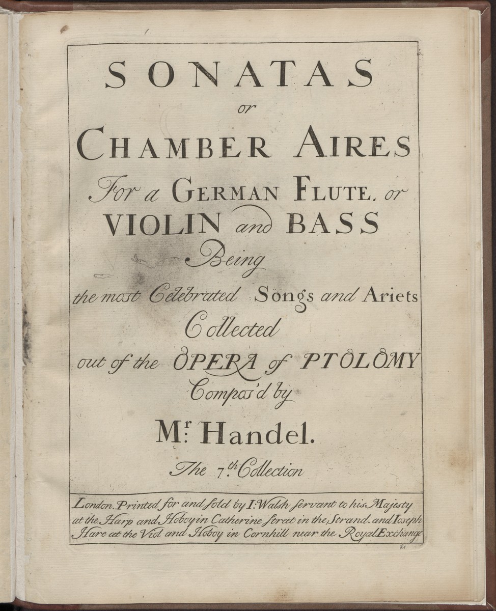 Sonatas or chamber aires for a german flute or violin and bass being the most celebrated songs and ariets collected out of the opera of Ptolomy, Abbildung 1 (Stiftung Händel-Haus Halle CC BY-NC-SA)