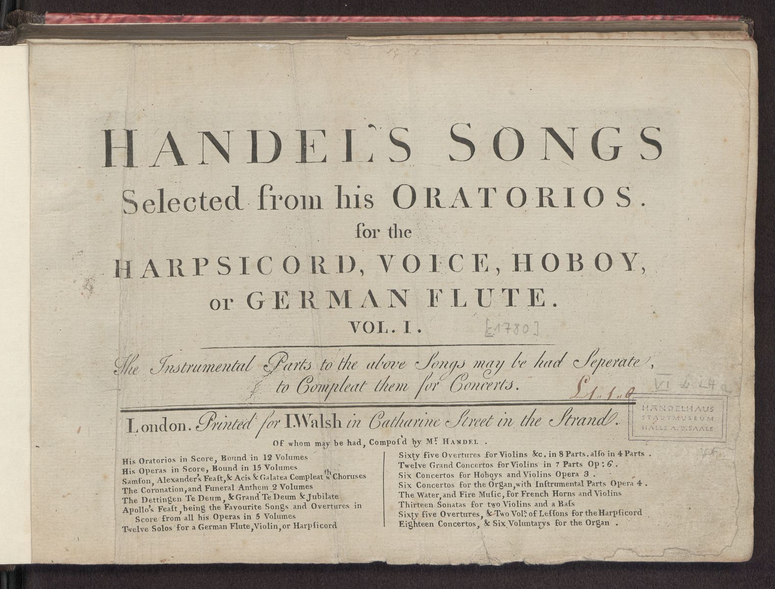 Handel’s Songs Selected from his Oratorios : for the Harpsicord, Voice, Hoboy, or German Flute ; Vol. 1, Abbildung 5 (Stiftung Händel-Haus Halle CC BY-NC-SA)
