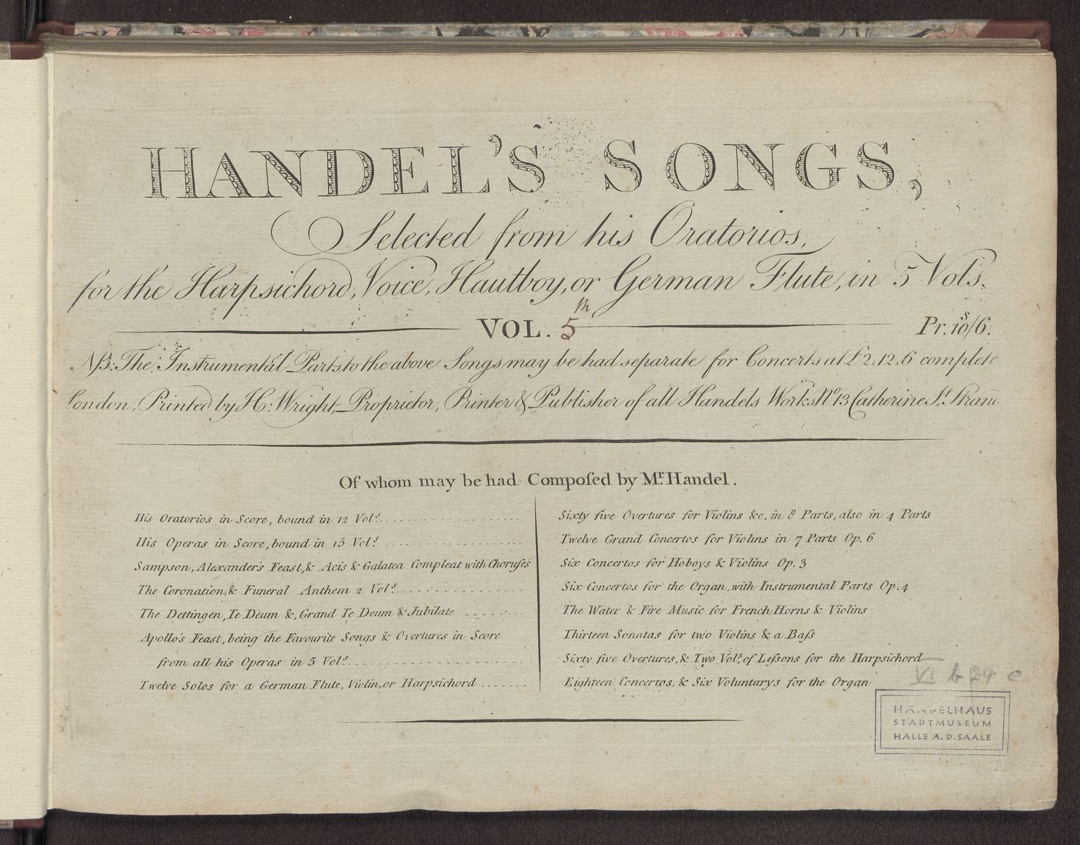 Handel’s Songs Selected from his Oratorios : for the Harpsichord, Voice, Hautboy, or German Flute ... ; Vol. 5, Abbildung 6 (Stiftung Händel-Haus Halle CC BY-NC-SA)