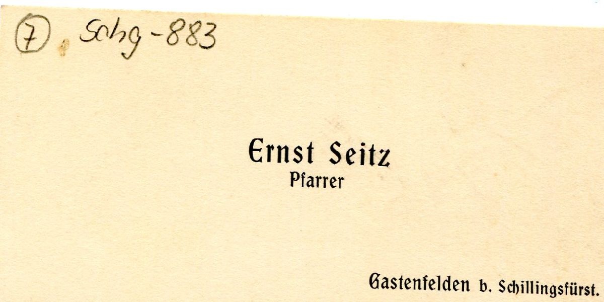Visitenkarte Ernst Seitz Pfarrer (Schloß Wernigerode GmbH RR-F)