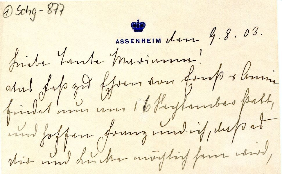 Assenheim d. 09.08.1903 Nichte Nacha an Tante Marianne (Schloß Wernigerode GmbH RR-F)
