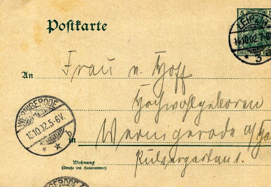 Postkarte: Leipzig d. 14.10.02 Antohn an Frau v. Hoff (Schloß Wernigerode GmbH RR-F)