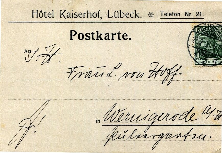 Postkarte: Lübeck d. 21.02.08 Heinrich an seine Mutter Frau von Hoff (Schloß Wernigerode GmbH RR-F)