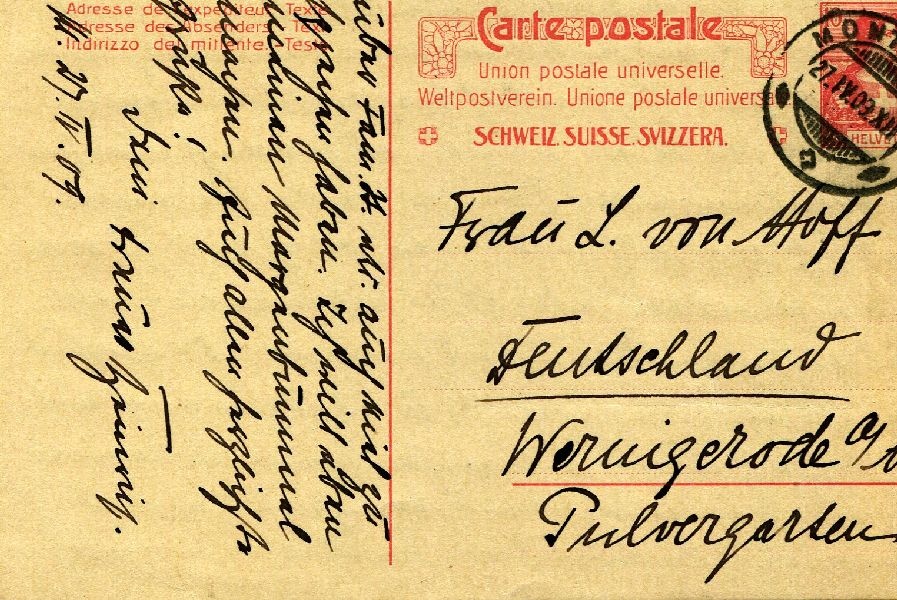 Postkarte: Montreux 27.IV.09 Sohn Heinrich an seine Mutter Frau von Hoff (Schloß Wernigerode GmbH RR-F)