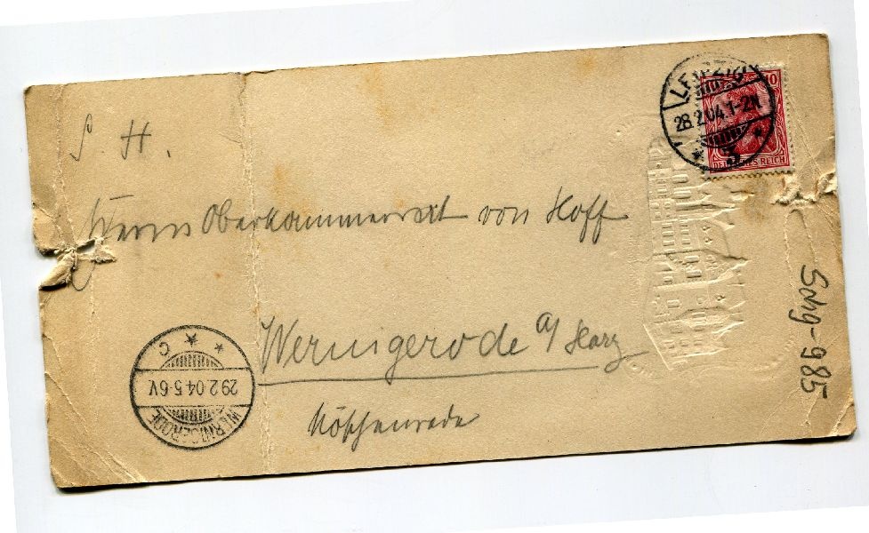 Menükarte adressiert an S. H. Oberkammerrat v. Hoff (Schloß Wernigerode GmbH RR-F)
