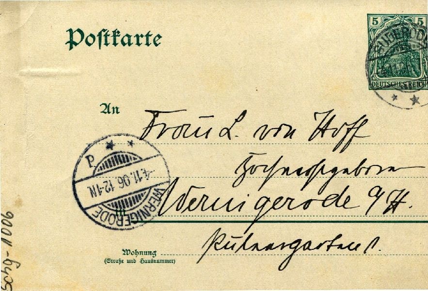 Postkarte: Suderode 03.11.06 Sohn Heinrich an seine Mutter Frau von Hoff (Schloß Wernigerode GmbH RR-F)
