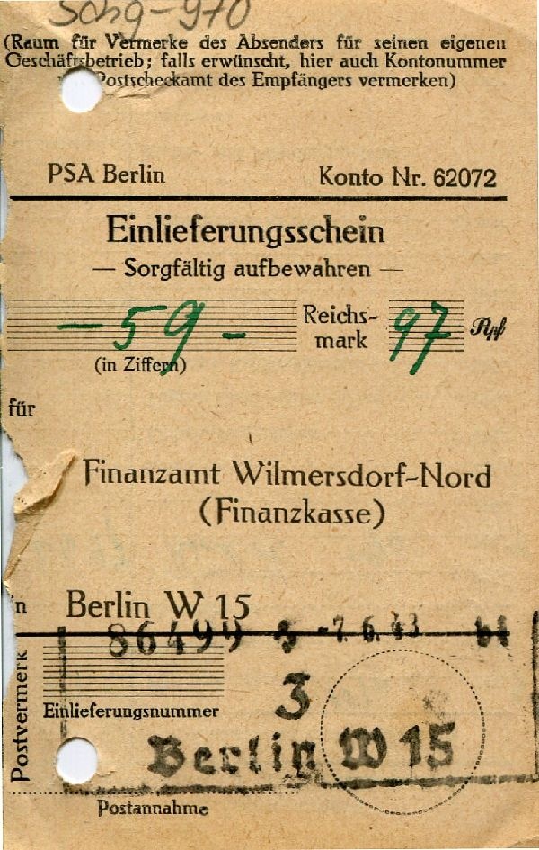 Einlieferungsschein 07.06.43 Berlin (Schloß Wernigerode GmbH RR-F)