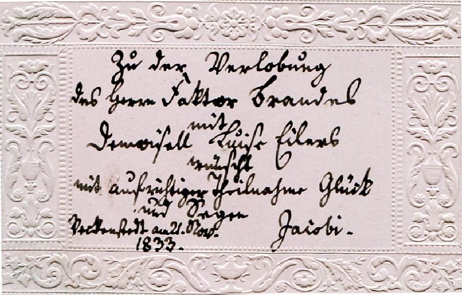 Visitenkarte Verlobungsglückwünsche Jacobi (Schloß Wernigerode GmbH RR-F)