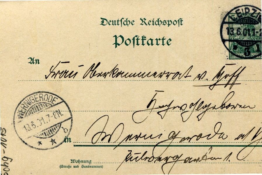 Postkarte: Leipzig 13.06.01 Sohn Heinrich an seine Mutter Frau von Hoff (Schloß Wernigerode GmbH RR-F)