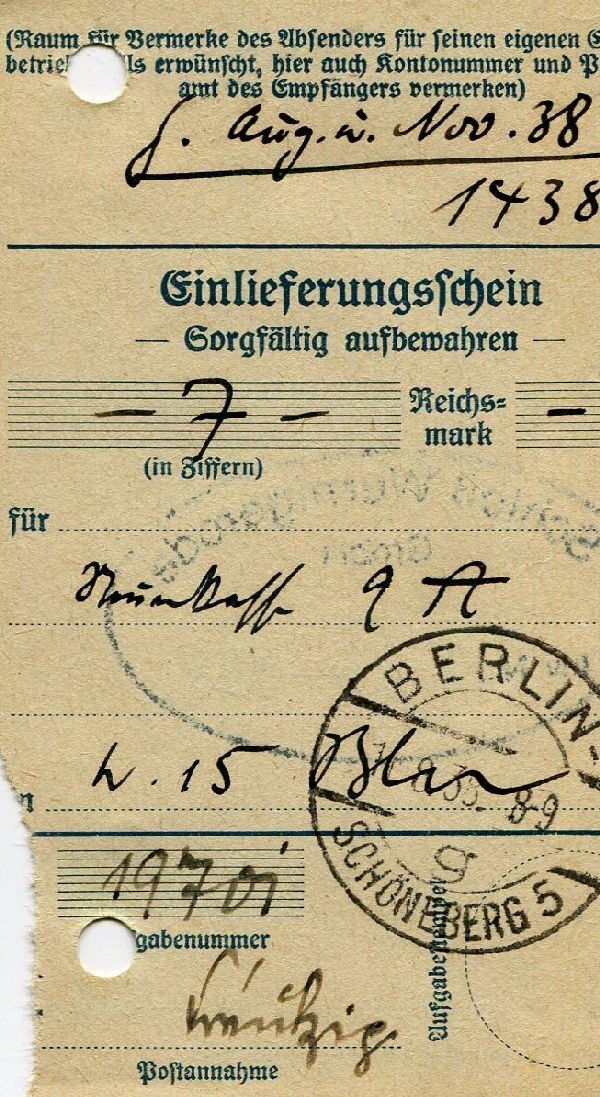 Einlieferungsschein für Aug. u. Nov. 1838 (Schloß Wernigerode GmbH RR-F)