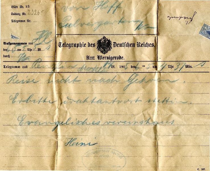 Telegr.: an von Hoff aus Penzlin 06.05.1905 (Schloß Wernigerode GmbH RR-F)