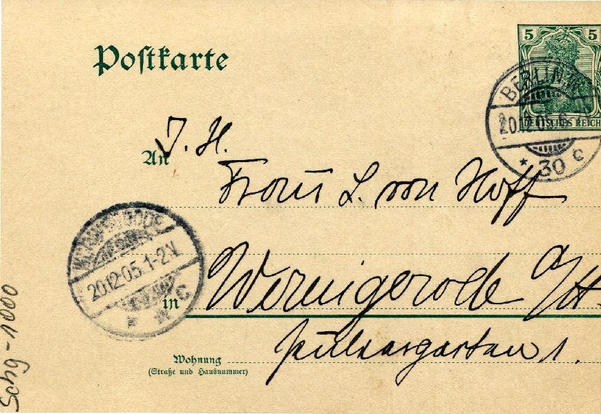 Postkarte: Berlin 20.12.05 Sohn Heinrich an seine Mutter Frau von Hoff (Schloß Wernigerode GmbH RR-F)