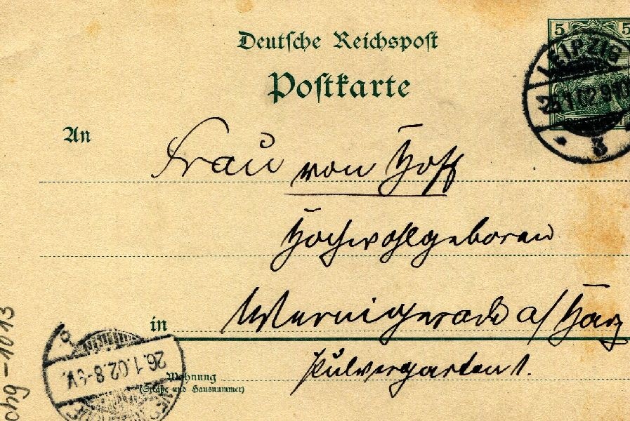 Postkarte: Leipzig 26.01.02 Sohn Heinrich an seine Mutter Frau von Hoff (Schloß Wernigerode GmbH RR-F)