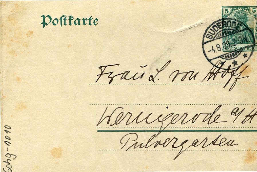 Postkarte: Suderode 04.08.09 Sohn Heinrich an seine Mutter Frau von Hoff (Schloß Wernigerode GmbH RR-F)