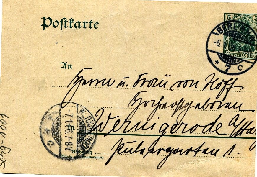 Postkarte: Berlin 06.01.06 Sohn Heinrich an seine Eltern Herrn u. Frau von Hoff (Schloß Wernigerode GmbH RR-F)